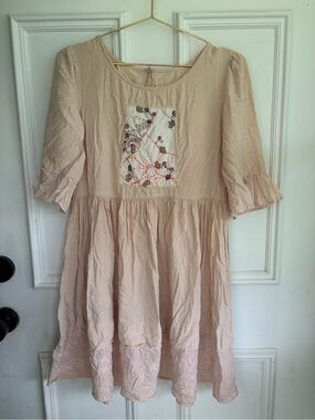 Casual Embroidered Light Beige Cotton Dress